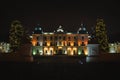 Illuminated facade of Branicki palace at Christmas, night scene, Bialystok, Poland