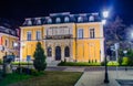 night view of illuminated building of ecomuseum in bulgarian city rousse - ruse....IMAGE