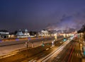 Night view of illuminated embankment, with car light trails, Moscow Kremlin, and Moscow river, Moscow city, Russia Royalty Free Stock Photo
