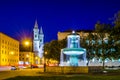 Night view of an illuminated fountain in front of the university in munich with church of saint ludwig at background