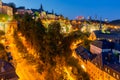 View at Illuminated medieval district Grund of Luxembourg city