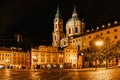 Night view of the illuminated St Nicolas church, Malostranske namesti,Prague,Czech republic.Baroque church in the Lesser Town of Royalty Free Stock Photo