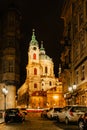 Night view of the illuminated St Nicolas church, Malostranske namesti,Prague,Czech republic.Baroque church in the Lesser Town of Royalty Free Stock Photo