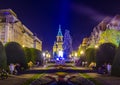 night view of the illuminated victory square - piata victoriei in romanian city timisoara - temesvar in banat province