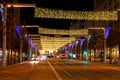 Zaragoza, Spain/Europe; 11/12/2019: Night view of Independence Promenade decorated with Christmas lights in the downtown of