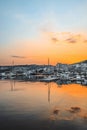 Night view Kavala city principal touristic seaport of eastern Macedonia Greece, water reflection, sunset colors Royalty Free Stock Photo