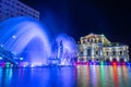 Night view of the kinetic fountain and the palace of culture in