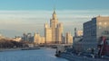 Dusk view of the Kotelnicheskaya Embankment Building day to night in Moscow timelapse, Russia. Royalty Free Stock Photo