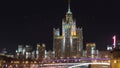 Dusk view of the Kotelnicheskaya Embankment Building, one of the Seven Sisters buildings in Moscow timelapse, Russia. Royalty Free Stock Photo