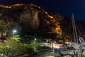 Night view of Kotor Fortress wall and bay in Kotor Bay, Montenegro Royalty Free Stock Photo