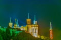 Night view La Basilique Notre Dame de Fourviere in the french city Lyon Royalty Free Stock Photo