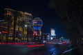 Night view of Las Vegas cityscape with gorgeous defocused light tracers of cars on Strip Road. Nevada, Las Vegas.