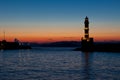 Night view Light house harbor Hania, Crete, Greece Royalty Free Stock Photo