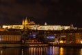 Night view of the light illuminated Prague Castle and St. Vitus Cathedral in Mala Strana, Prague, Czech Republic
