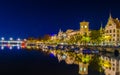 Night view of limmat river zurich at point where it meets zurich lake. Bulding of stadthaus is on the right...IMAGE Royalty Free Stock Photo
