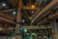 Night view with long-exposure starburst effects, of the complex Hakozaki Junction on the Shuto Expressway in Chuo CIty, Tokyo,