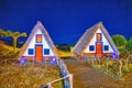 Night view of Madeira island rural traditional house sunset village landscape, Portugal. City of Santana Royalty Free Stock Photo