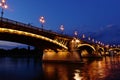 night view of the Margaret bridge in Budapest at blue hour. reflections on the water. closeup view.