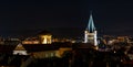 The night view of medieval insular palace Palais de l`Ile jail in Annecy, France Royalty Free Stock Photo