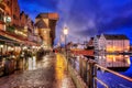 Night view of medieval port crane called Zuraw at Motlawa River in Gdansk, Poland.