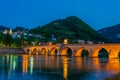 Night view of Mehmed Pasa Sokolovic Bridge in Visegrad, Bosnia a