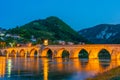 Night view of Mehmed Pasa Sokolovic Bridge in Visegrad, Bosnia a