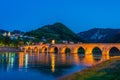 Night view of Mehmed Pasa Sokolovic Bridge in Visegrad, Bosnia a