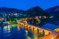 Night view of Mehmed Pasa Sokolovic Bridge in Visegrad, Bosnia a