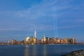 Night view of the 911 memorial light and the New York City skyline Royalty Free Stock Photo