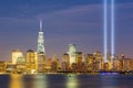 Night view of the 911 memorial light and the New York City skyline Royalty Free Stock Photo