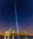 Night view of the 911 memorial light and the New York City skyline Royalty Free Stock Photo