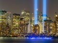 Night view of the 911 memorial light and the New York City skyline Royalty Free Stock Photo