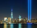 Night view of the 911 memorial light and the New York City skyline Royalty Free Stock Photo