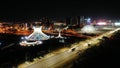 Night view of the Metropolitan Cathedral of Brasilia with colorful night illumination, Brazil