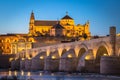 Night view of Mezquita-Catedral and Puente Romano - Mosque-Cathedral and the Roman Bridge in Cordoba, Andalusia, Spain