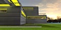 Night view of the middle-class suburban house with yellow illumination constructed on the amazing green lawn. 3d rendering