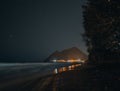 Night view milky way Martinique Island. Beautiful Diamant beach and village. Palms and clean sand. Blue turquoise water