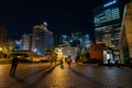 The night view of modern buildings near the Myeongdong Cathedral church in Seoul City, South Korea Royalty Free Stock Photo