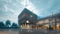 Night view of a modern two-story building on a cloudy day after rain, 3d rendering Royalty Free Stock Photo