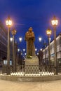 Night view of the monument to writer Nikolai Gogol on Malaya Konyushennaya Street in St. Petersburg