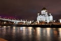 Night View Moscow Cathedral of Jesus Christ the Saviour with Patriarshiy Bridge, Russia Royalty Free Stock Photo