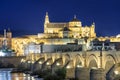 Night view of Mosque-Cathedral and the Roman Bridge in Cordoba, Andalusia, Spain Royalty Free Stock Photo