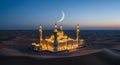Illuminated Mosque During Crescent Moon Night Arabian Desert Landscape Scenery Royalty Free Stock Photo
