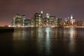 Night view of the most emblematic buildings and skyscrapers of Manhattan (New York). Brooklyn bridge. River Hudson. Royalty Free Stock Photo