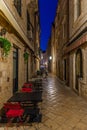 Night view of a narrow street in the historical center of Dubrovnik, Croatia Royalty Free Stock Photo