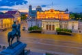 Night view of the National Assembly of the Republic of Bulgaria and Alexander Nevski cathedral in Sofia. Sign translates - Unity Royalty Free Stock Photo