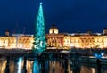 London, UK/Europe; 20/12/2019: Night view of The National Gallery and a Christmas tree in Trafalgar Square, London. Long exposure Royalty Free Stock Photo