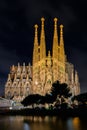 Night view of Nativity facade of Sagrada Familia cathedral in Ba