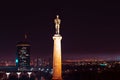 Night view of New Belgrade and Pobednik The Victor monument from Belgrade fortress. Belgrade, Serbia