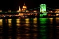 night view of the newly renovated chain bridge over the Danube river in Budapest. Royalty Free Stock Photo